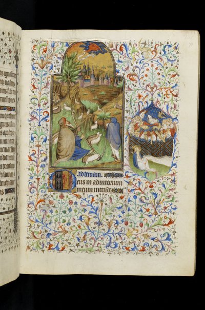 Tierce van de Maagd: Engel die aan de herders verschijnt, uit een Getijdenboek door Master of the Rohan Hours